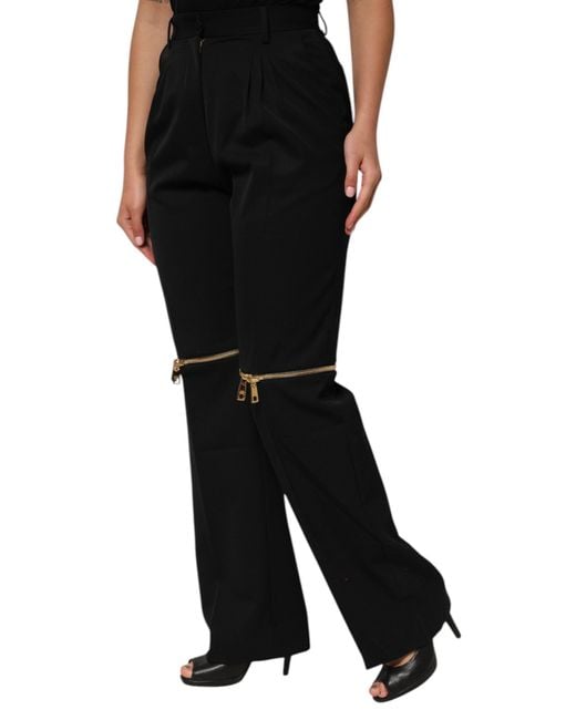 Dolce & Gabbana Black Wide Leg Pants Zipper Knee Detail