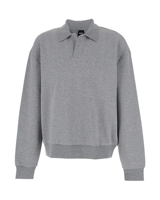 Boss Gray Long Sleeve Polo With Dropped Shoulders And Ribbed Wool Finish for men