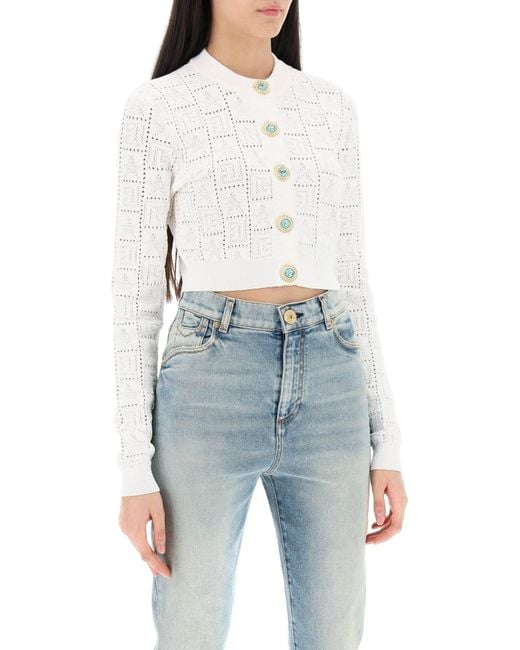Balmain White Cropped Cardigan With Jewel Buttons