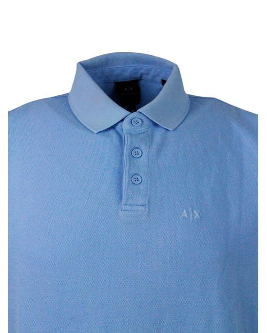 Armani Blue 3-Button Short-Sleeved Pique Cotton Polo Shirt With Logo Embroidered On The Chest for men