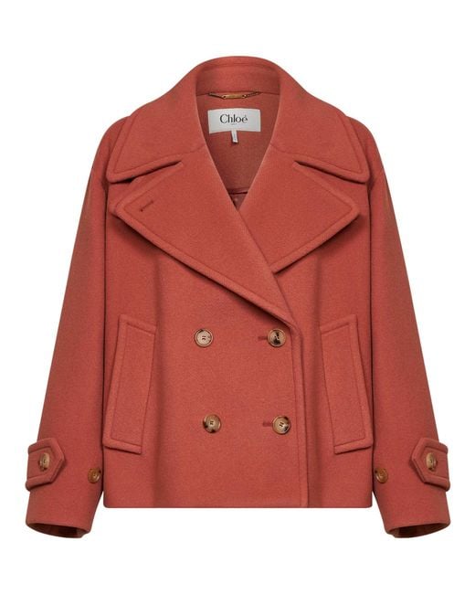 Chloé Red Short Wool-Blend Coat Cedar Virgin Wool