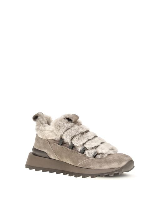 Brunello Cucinelli White Suede Shearling-Lined Sneakers Upper: Trainers