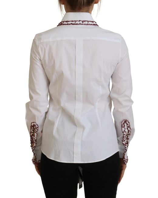 Dolce & Gabbana Gray White Cotton Lace Long Sleeves Ruffle Collar Top Shirt