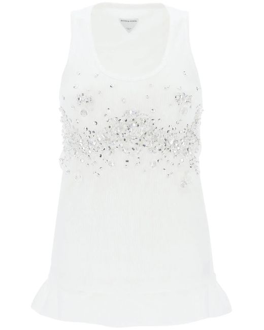 Bottega Veneta White Double-Layered Ribbed Tank Top With Crystals And Sequins