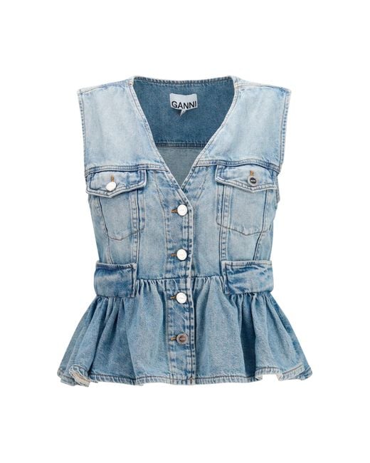 Ganni Blue Lightweight Denim Vest Cotton Top