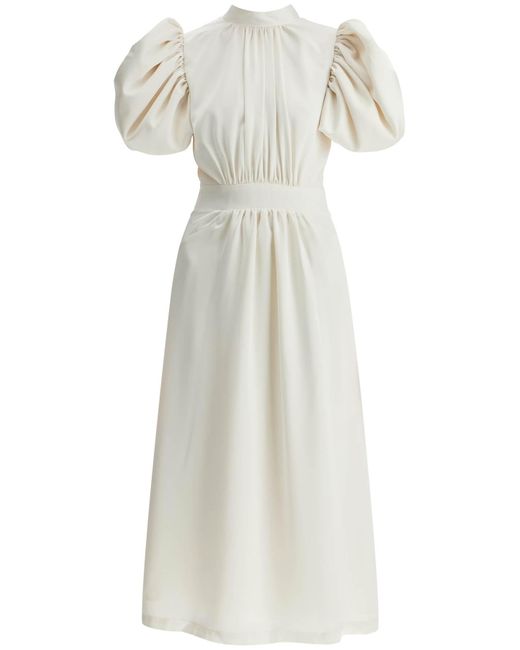 ROTATE BIRGER CHRISTENSEN White Midi Satin Dress With Puff Sleeves