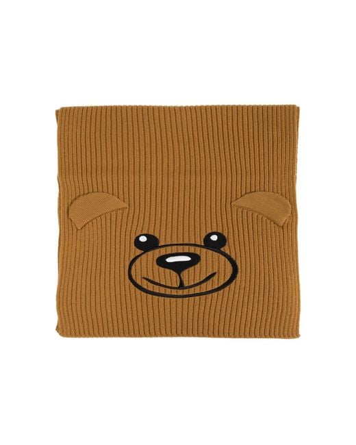Moschino Brown Teddy Bear Embroidered Knitted Scarf