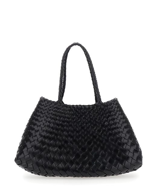 Dragon Diffusion Black Santa Croce Shoulder Bag With Two Top Handles And Ecoleather Woven Design For Leather