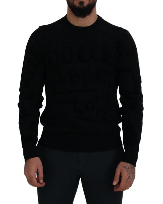 Dolce & Gabbana Black Wool Logo Pattern Crewneck Pullover Sweater Clothing for men