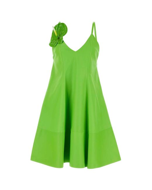 Loewe Green Nappa Short Dress With Anthurium Brooch