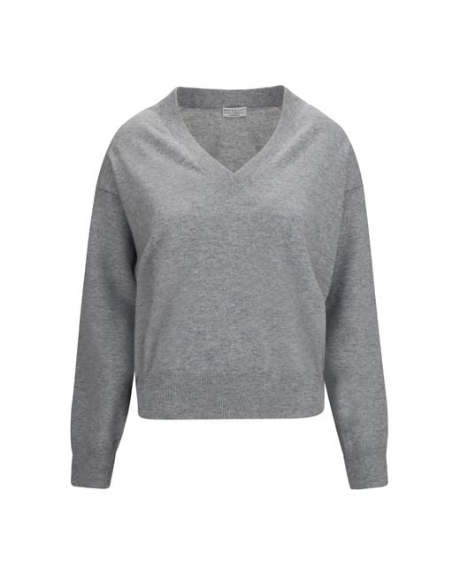 Brunello Cucinelli Gray V-Neck Cashmere Sweater Kashmir/Capra Hircus