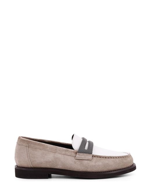 Brunello Cucinelli White Suede And Leather Loafer With Monili Detail