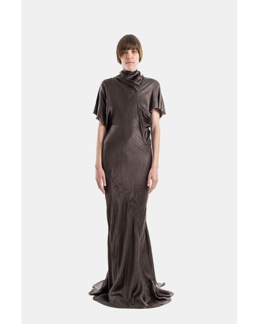 Rick Owens Natural Seb Gown Draped Satin Cupro Long Dress Dark Dust