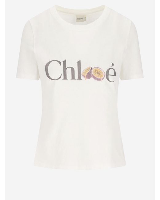 Chloé Natural Cotton T-Shirt With Logo Print Shell: T-Shirts & Jerseys