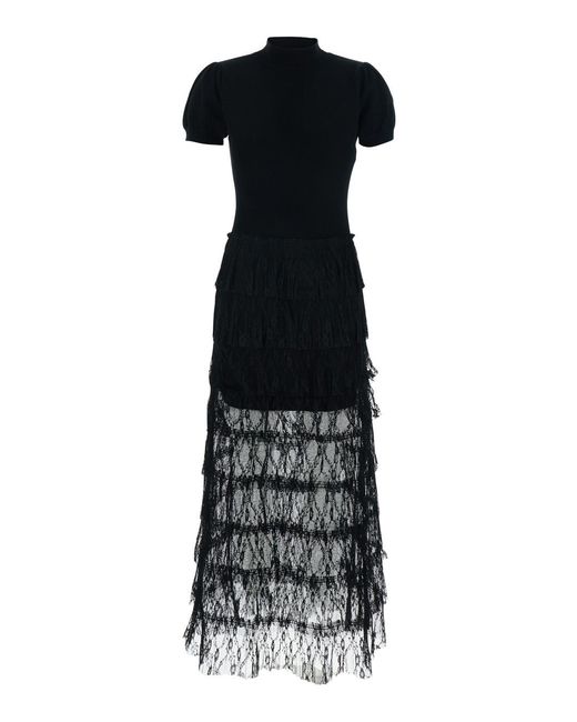Twinset Black Long Dress With High Neck And Semi-Transparent Skirt