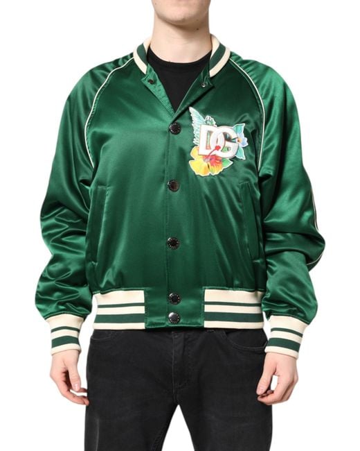 Dolce & Gabbana Green Satin Floral Patch Bomber Jacket for men