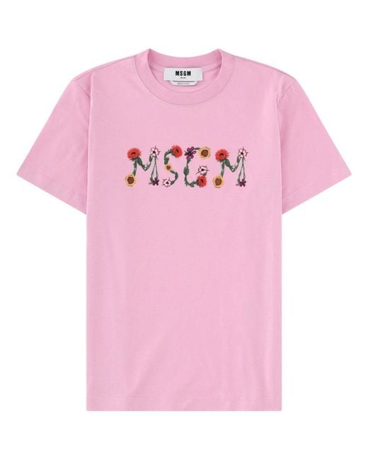 MSGM Pink T-Shirt With Logo Cotton T-Shirts