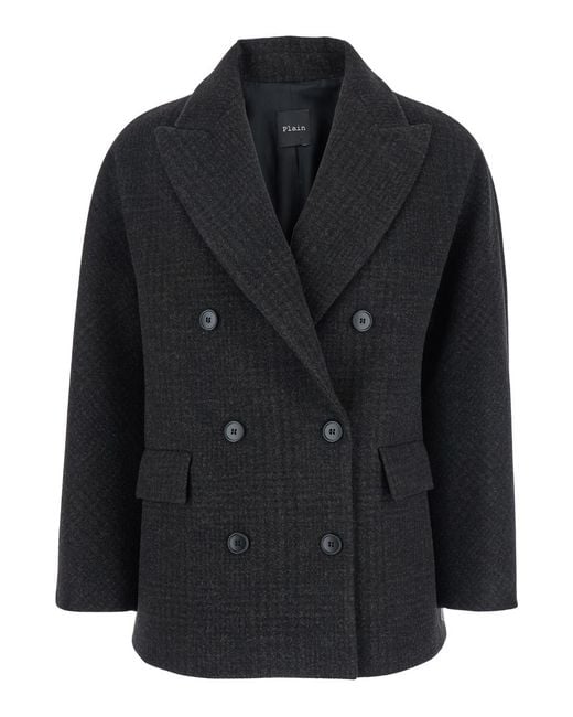 Le Plain Black Double-Breasted Jacket With Peak Revers And All-Over Check Motif