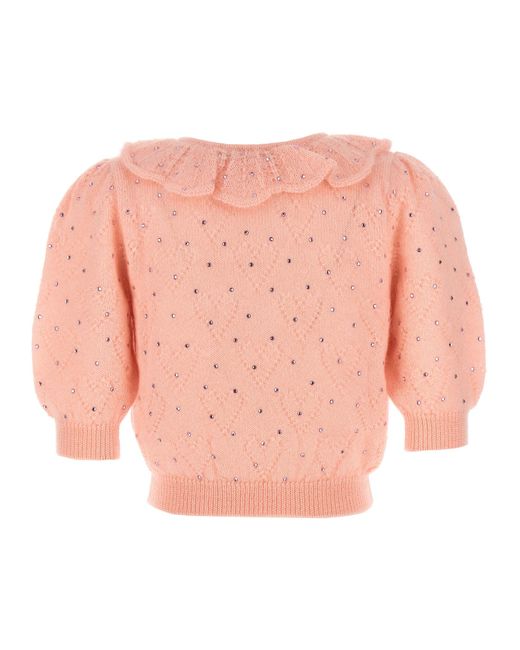 Alessandra Rich Pink Rhinestone Appliqué Mohair Blend Sweater
