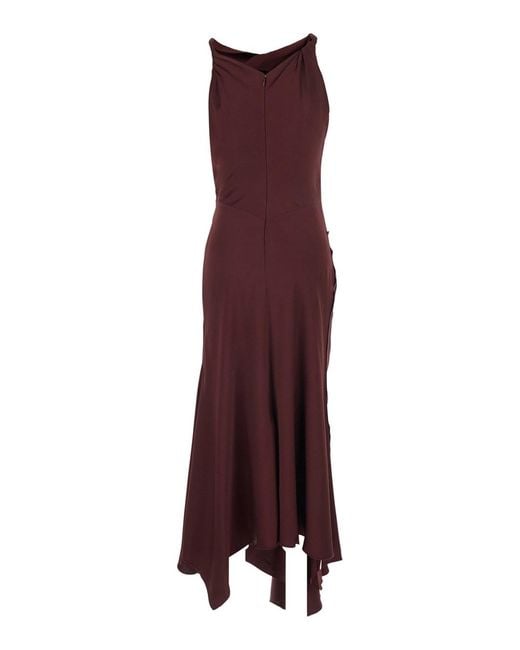 Victoria Beckham Purple Bordeaux Midi Dress With Draped Neckline And Asymmetric Hem