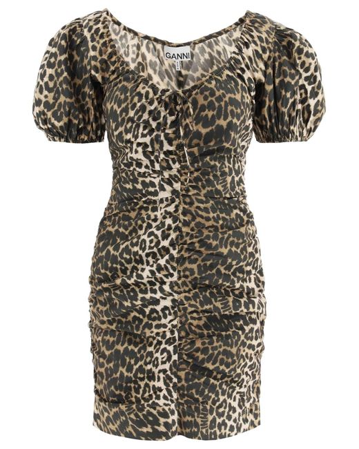 Ganni Black Leopard Poplin Mini Dress