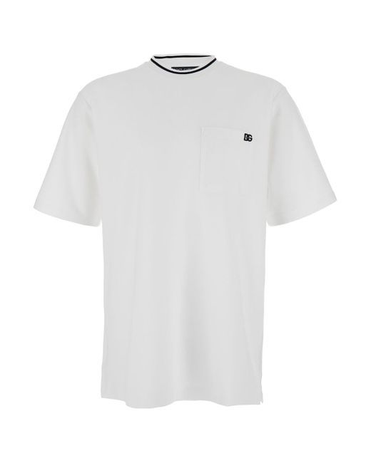 Dolce & Gabbana White Crewneck T-Shirt With Logo Embroidery On The Front for men