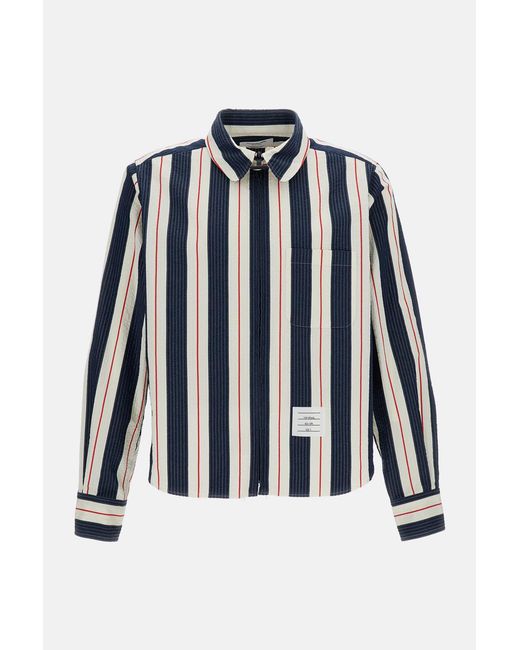 Thom Browne Blue Seersucker Stripe Zip-Up Shirt With Point Collar for men
