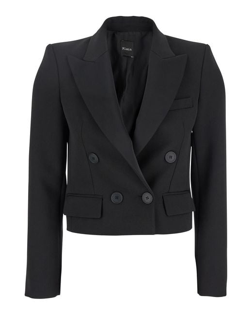Le Plain Black Double-Breasted Cropped Jacket With Peak Lapels