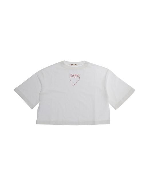 Marni White Crop T-Shirt With Embroidered Logo — Cotton T-Shirts
