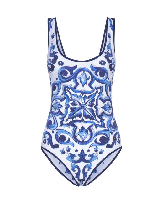 Dolce & Gabbana Majolica Print Swimsuit in Blue | Lyst