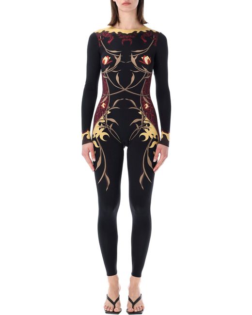 MARINE SERRE Black Floral Print Jersey Catsuit Polyamide Jumpsuit