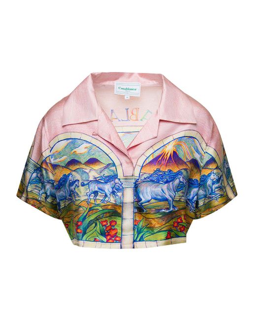 CASABLANCA Pink Cuban Collar Cropped Silk Short Sleeve Shirt