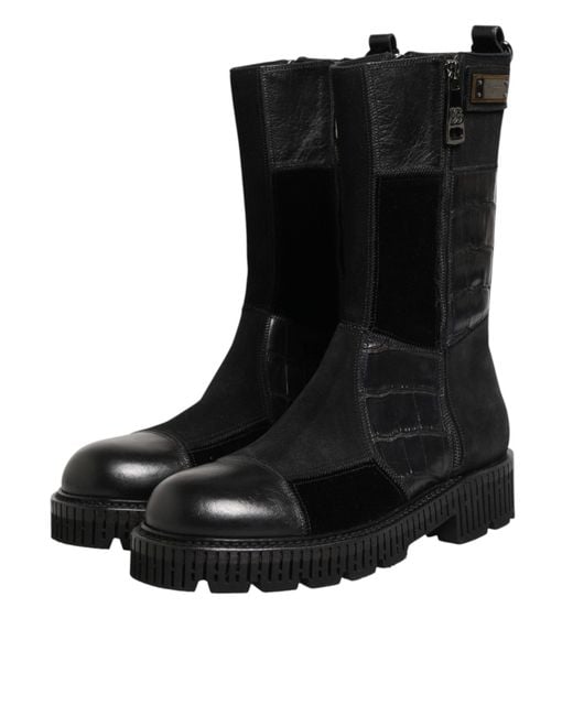Dolce & Gabbana Black Patchwork Leather Mid Calf Boot Shoes Co+Horse+Crocodile for men