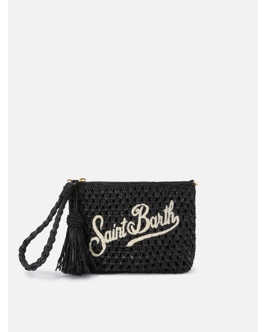 Mc2 Saint Barth Black Raffia Pouch With Embroidered Logo Pochette