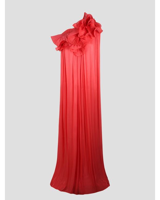 Costarellos Red Charmain Ruffled Pleated Gown