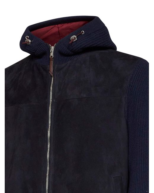 Brunello Cucinelli Blue Hooded Jacket Suede And Knit for men