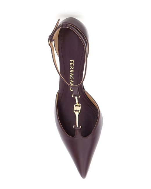Ferragamo Brown Bordeaux Pumps With T Strap And Low Heel