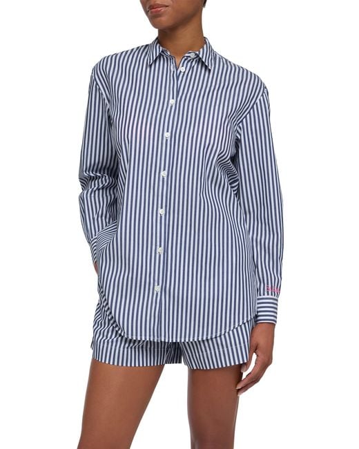 Mc2 Saint Barth Blue Brigitte Striped-Print Cotton Shirt With Saint Barth Beach Club Embroidery