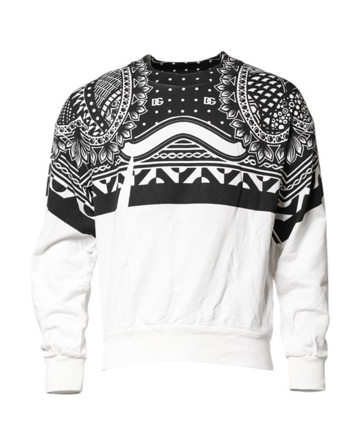 Dolce & Gabbana White Bandana Print Crew Neck Long Sleeve Sweater for men