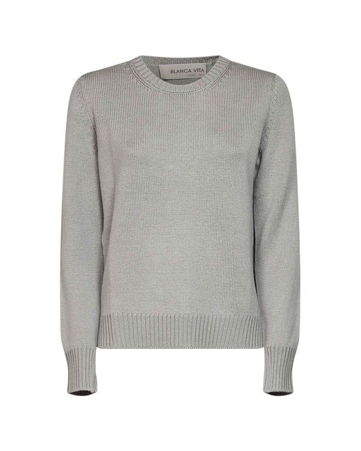 Blanca Vita Gray Sage Virgin Wool Knit Crewneck Sweater