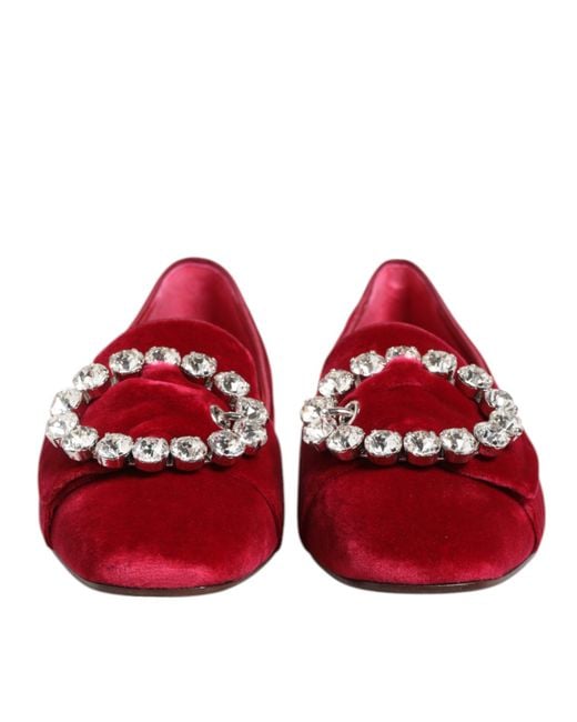 Dolce & Gabbana Red Velvet Loafers Rhinestone Buckle