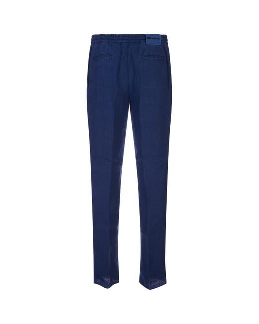 Kiton Blue Cobalt Linen Trousers With Elasticised Waistband for men