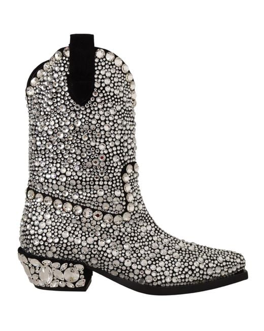 Dolce & Gabbana Black Suede Strass Crystal Cowgirl Boots Leather