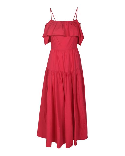Antik Batik Red Off-Shoulder Ruffle Detail Flare Long Dress