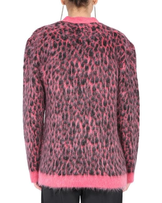 Saint Laurent Red Leopard Jacquard Cardigan Wool Jumpers