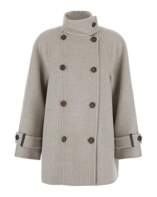 Brunello Cucinelli Gray Double-Breasted Coat With High Neck And Wooden Buttons