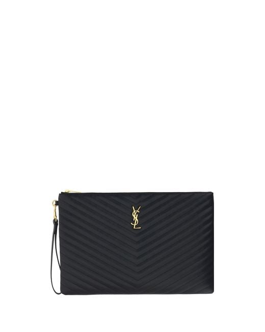 Saint Laurent Black Matelassé Leather Pouch Calf Clutch Bags