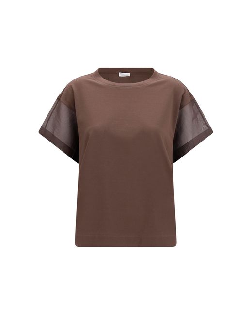 Brunello Cucinelli Brown Cotton T-Shirt With Sheer Sleeves And Side Panels T-Shirts