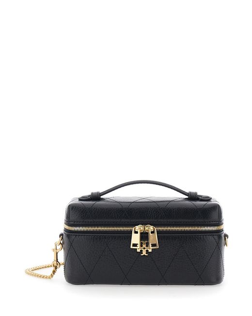 Tory Burch Blue Vanity Case Charlie Quilted Leather Cow Shoulder Bags