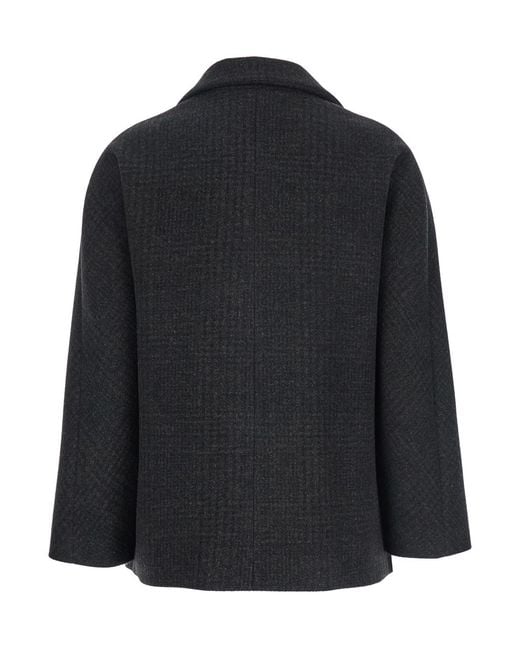 Le Plain Black Double-Breasted Jacket With Peak Revers And All-Over Check Motif